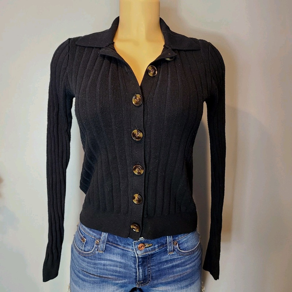 Ann Taylor Ribbed Cardi Sweater Collared Womens XS Minimalist Black Stretch‎